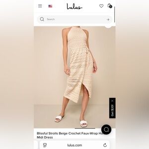 NEW Lulus Blissful Strolls Beige Crochet Faux-Wrap Halter Midi Dress